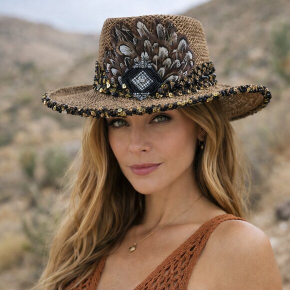 Boho Luxe Straw Hat Feather Beaded Sequin Band Festival Resort Statement main image 7